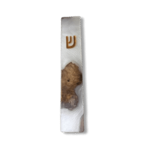 7" White Pearl Resin and Olive Wood Mezuzah Case – Elegant Modern Judaica