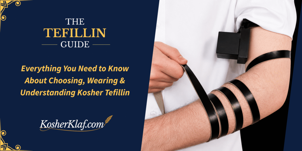 A close-up of a hand wrapping tefillin on the arm, illustrating the practice of wearing tefillin.